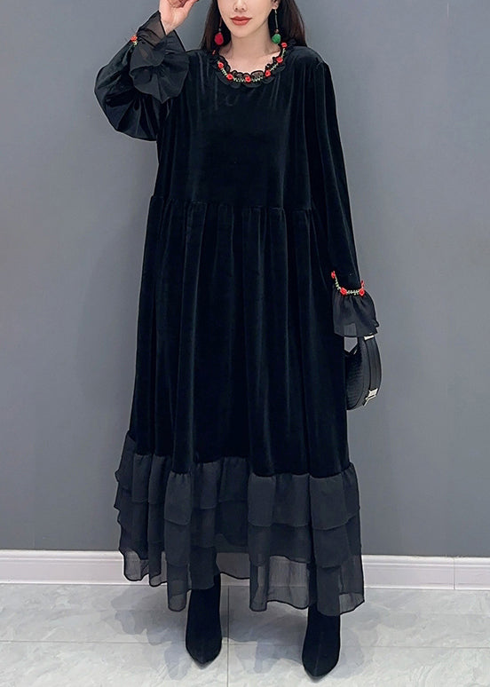 Black Tulle Patchwork Silk Velvet Long Dresses Spring