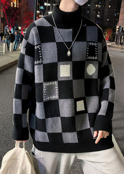 Black Turtleneck Plaid Knit Sweaters Pullover Winter