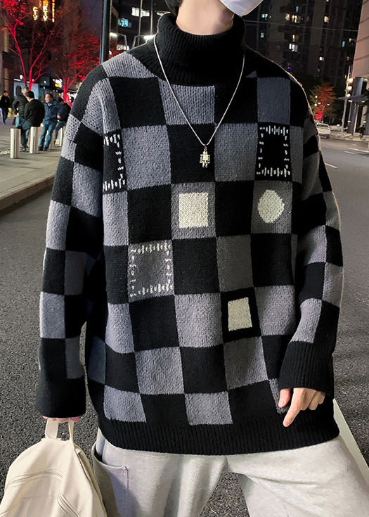 Black Turtleneck Plaid Knit Sweaters Pullover Winter