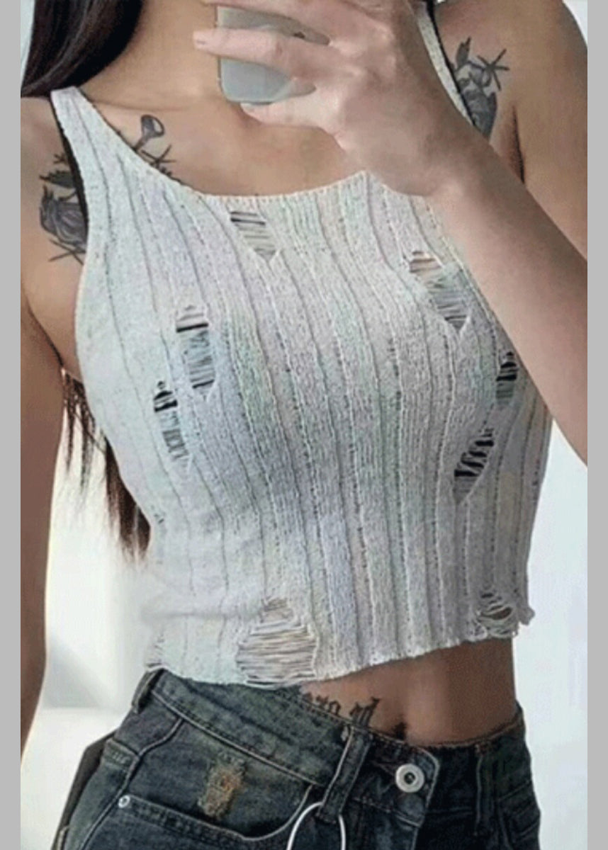 Black U Neck Hole Hollow Out Knit Tanks Sleeveless