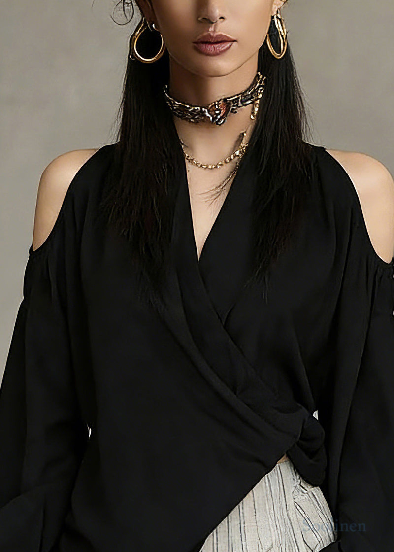 Black V Neck Cold Shoulder Top Spring