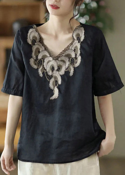 Black V Neck Embroidered Linen Shirts