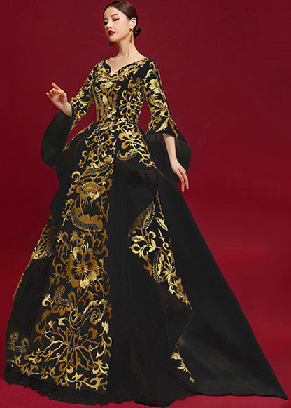 Black V Neck Embroidered Patchwork Silk Maxi Dresses Summer