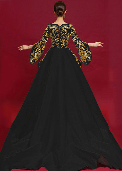 Black V Neck Embroidered Patchwork Silk Maxi Dresses Summer