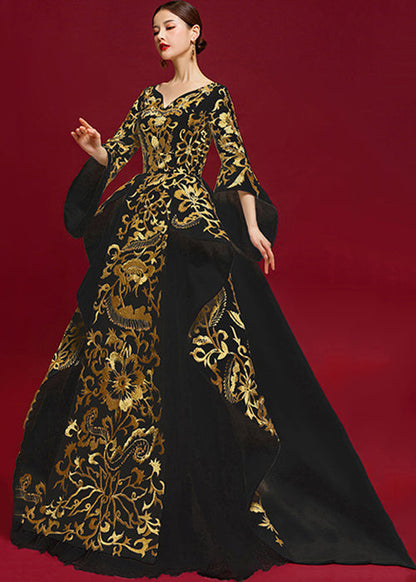 Black V Neck Embroidered Patchwork Silk Maxi Dresses Summer