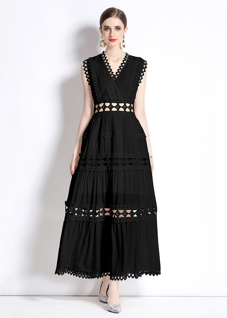Black V Neck Hollow Out Patchwork Wrinkled Cotton Long Dresses Sleeveless