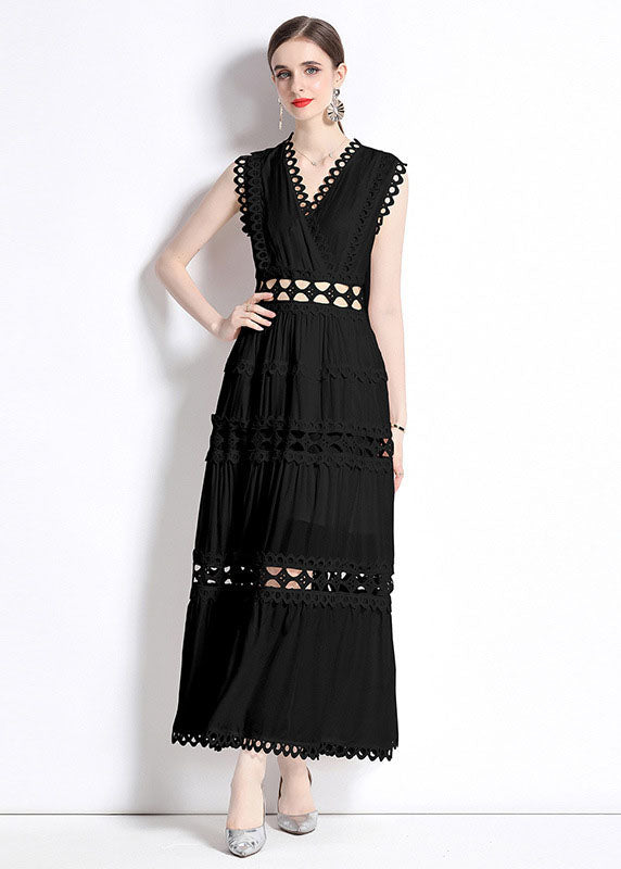 Black V Neck Hollow Out Patchwork Wrinkled Cotton Long Dresses Sleeveless