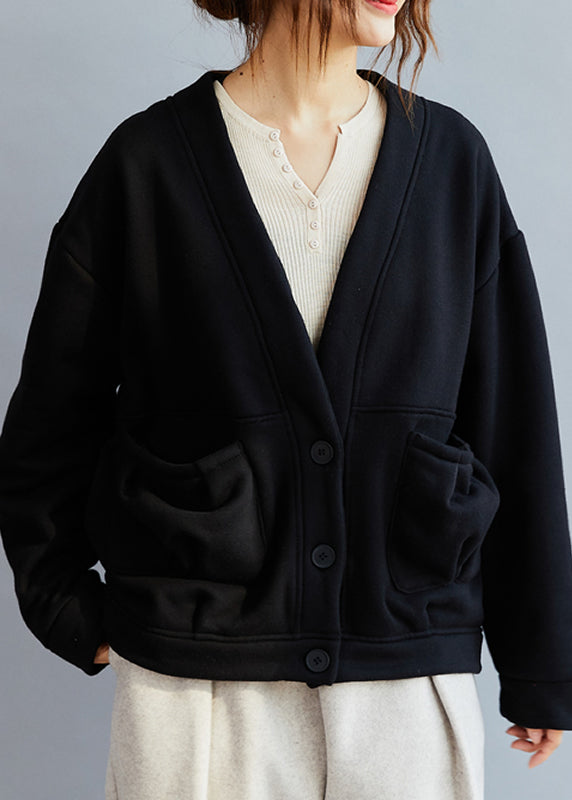 Black V Neck Pockets Warm Fleece Coat Winter