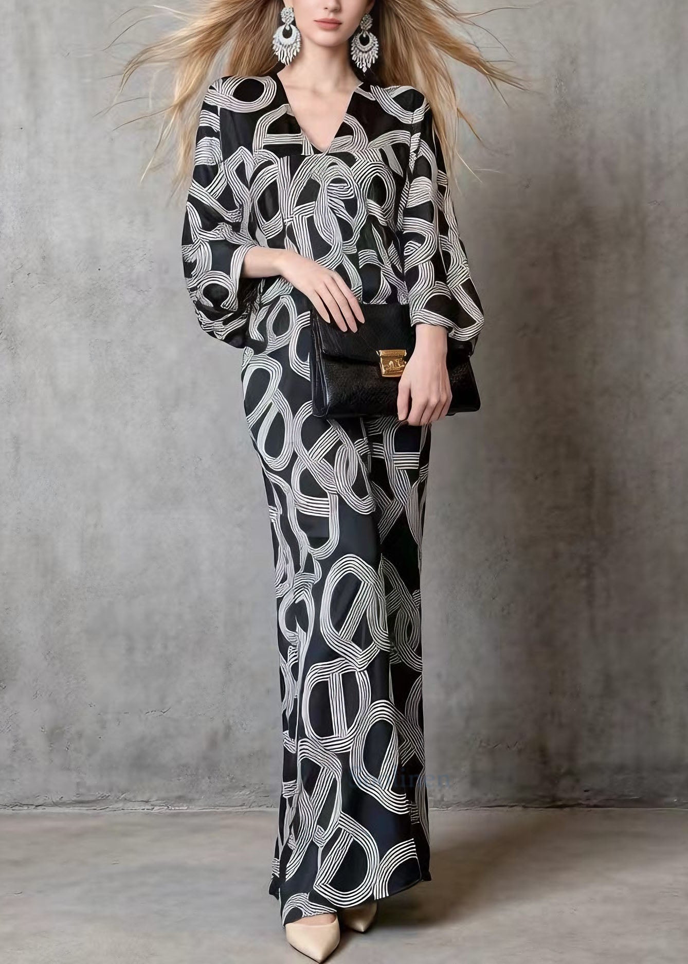 Black V Neck Print Silk Long Dress Batwing Sleeve