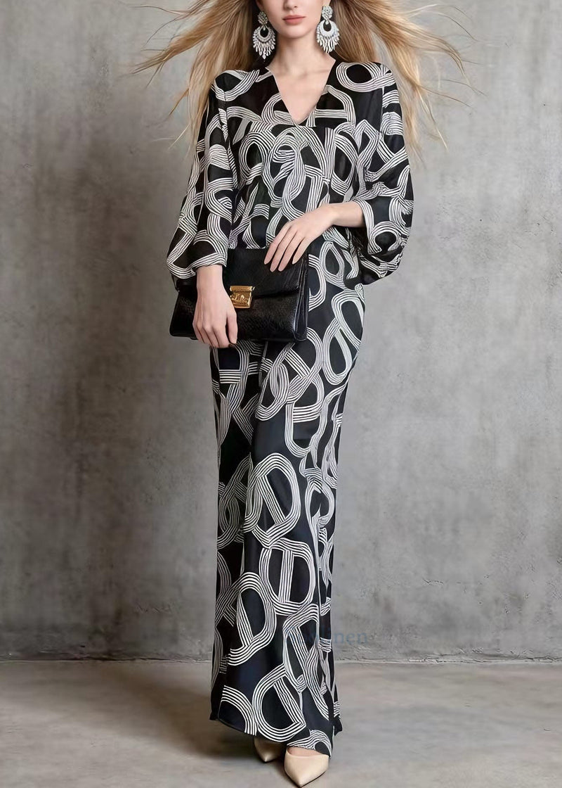 Black V Neck Print Silk Long Dress Batwing Sleeve