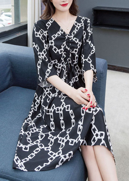 Black V Neck Print Wrinkled Patchwork Chiffon Dress Summer