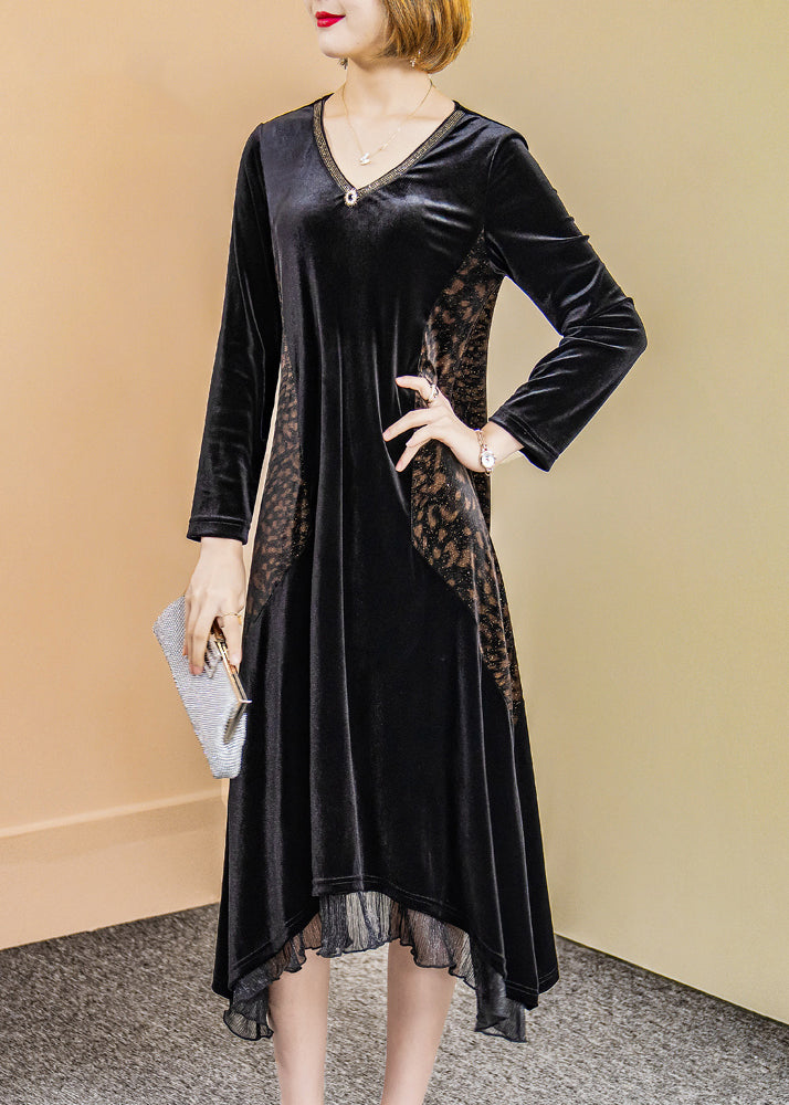 Black V Neck Ruffled Zircon Patchwork Velour Dress Fall