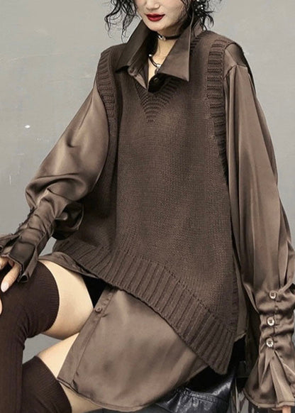 Black V Neck Side Open Knit Sweaters Fall
