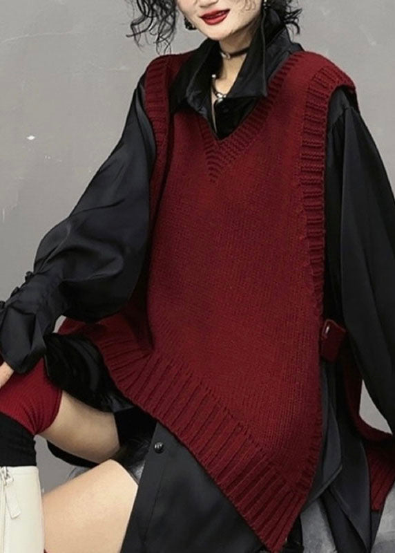 Black V Neck Side Open Knit Sweaters Fall