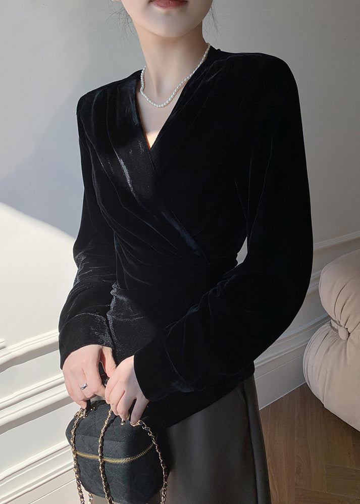 Black V Neck Tie Waist Silk Velvet Shirt Spring
