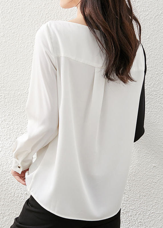 Black White Asymmetrical Design Patchwork Chiffon Top Long Sleeve