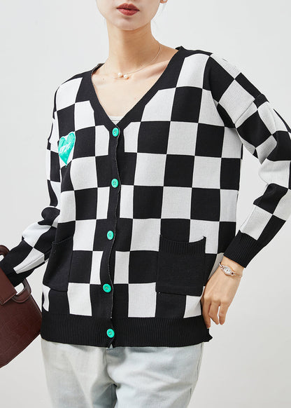 Black White Plaid Knit Cardigans Spring