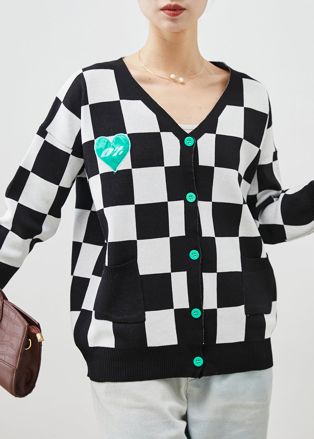Black White Plaid Knit Cardigans Spring