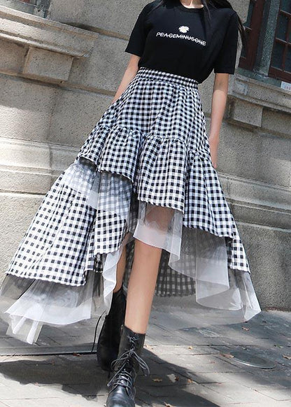 Black White Plaid Ruffles Patchwork Lace Skirt Summer
