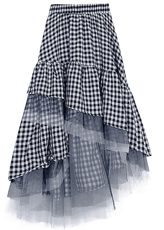 Black White Plaid Ruffles Patchwork Lace Skirt Summer