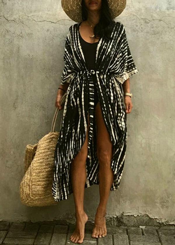 Black White Print Tie Waist Kimono Robe Cotton Loose Coat Long
