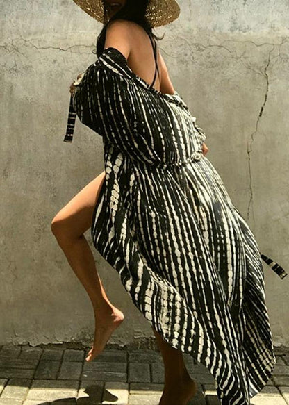 Black White Print Tie Waist Kimono Robe Cotton Loose Coat Long