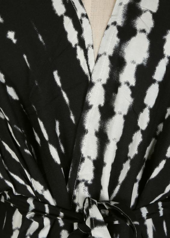 Black White Print Tie Waist Kimono Robe Cotton Loose Coat Long