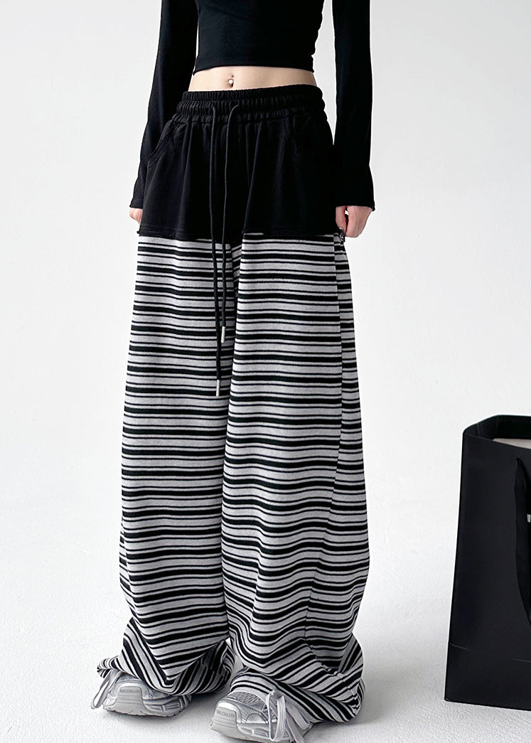 Black White Striped Pockets Tie Waist Wide Leg Pants Sprin
