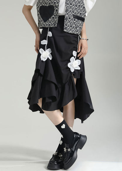 Black Wrinkled Asymmetrical Patchwork Cotton Skirt Fall
