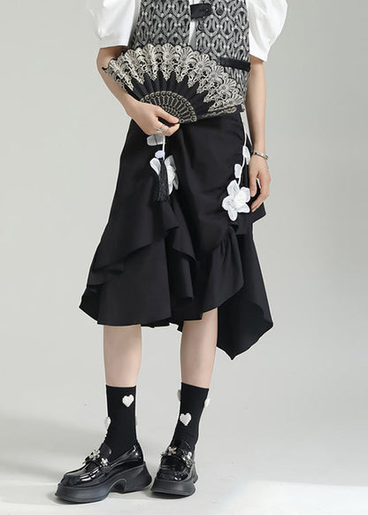 Black Wrinkled Asymmetrical Patchwork Cotton Skirt Fall