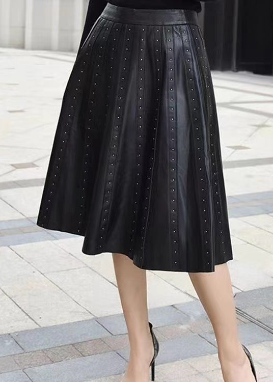 Black Wrinkled Rivet High Waist Sheepskin Skirts Spring