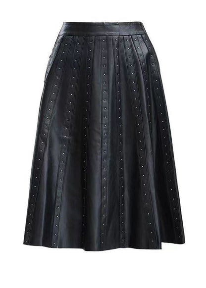 Black Wrinkled Rivet High Waist Sheepskin Skirts Spring