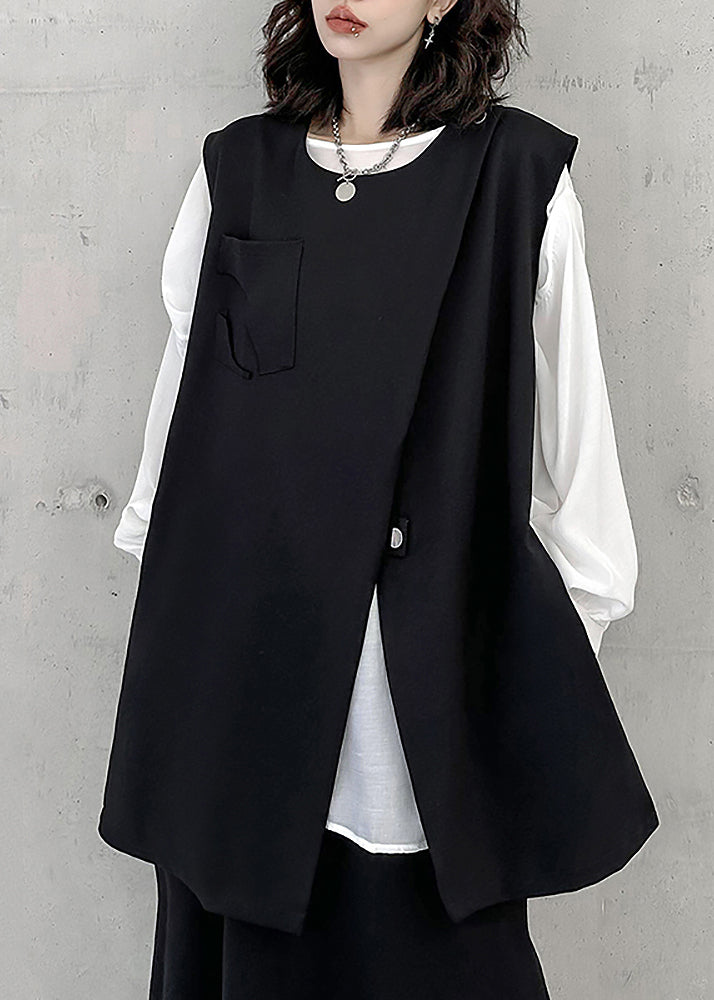 Black Zip Up Front Open Patchwork Cotton Waistcoat Sleeveless