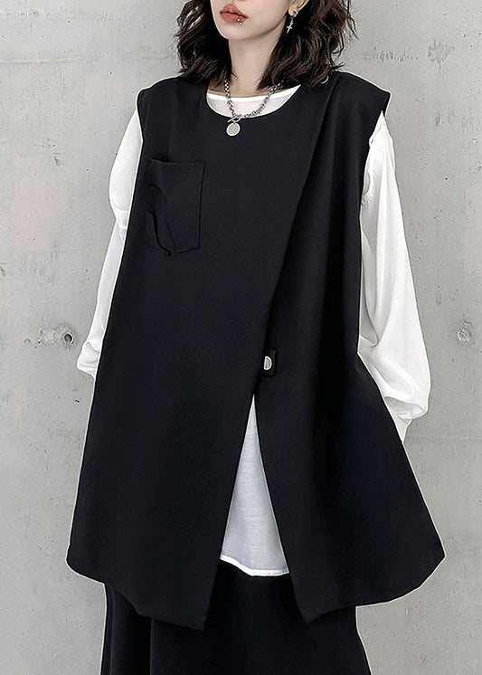 Black Zip Up Front Open Patchwork Cotton Waistcoat Sleeveless