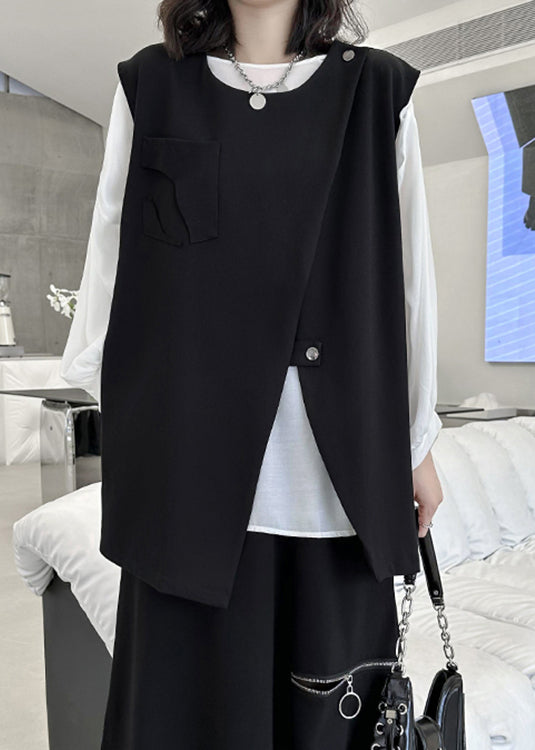 Black Zip Up Front Open Patchwork Cotton Waistcoat Sleeveless