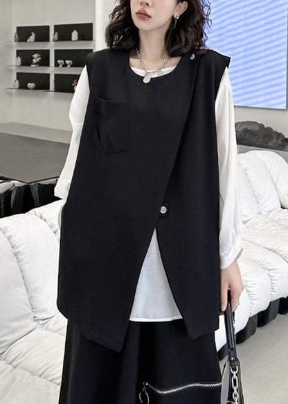 Black Zip Up Front Open Patchwork Cotton Waistcoat Sleeveless