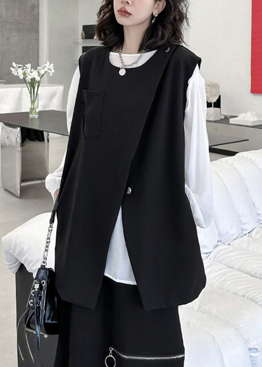 Black Zip Up Front Open Patchwork Cotton Waistcoat Sleeveless