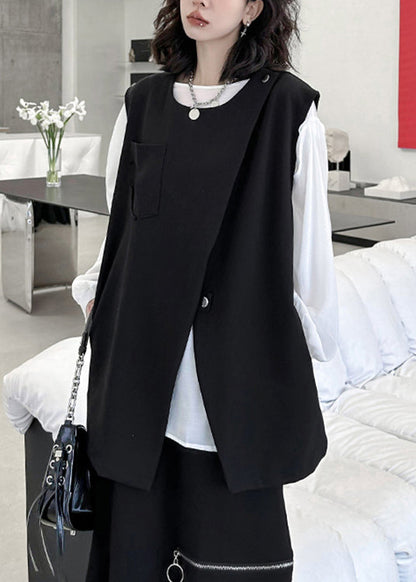 Black Zip Up Front Open Patchwork Cotton Waistcoat Sleeveless