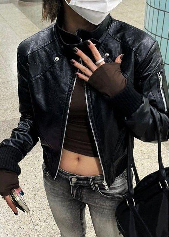 Black Zip Up Patchwork Faux Leather Coats Spring