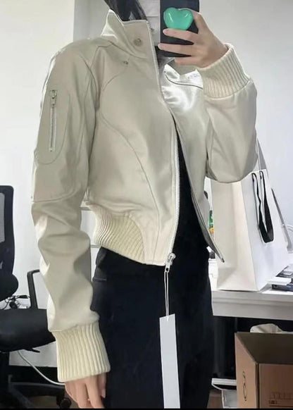 Black Zip Up Patchwork Faux Leather Coats Spring