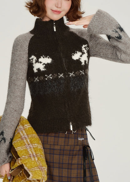 Black Zip Up Patchwork Knit Cardigan Winter
