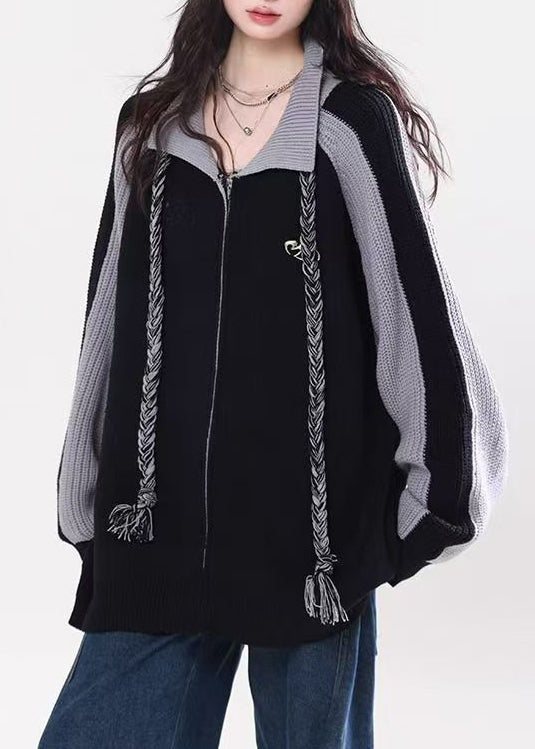 Black Zip Up Patchwork Loose Knit Cardigan Spring