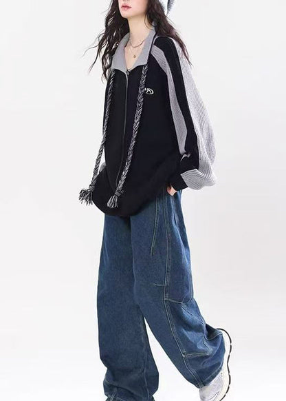 Black Zip Up Patchwork Loose Knit Cardigan Spring