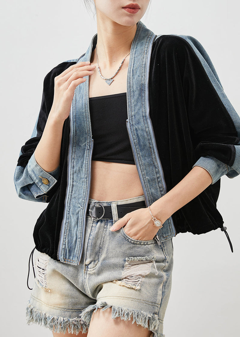 Black Zip Up Patchwork Silk Velvet Denim Coats Spring