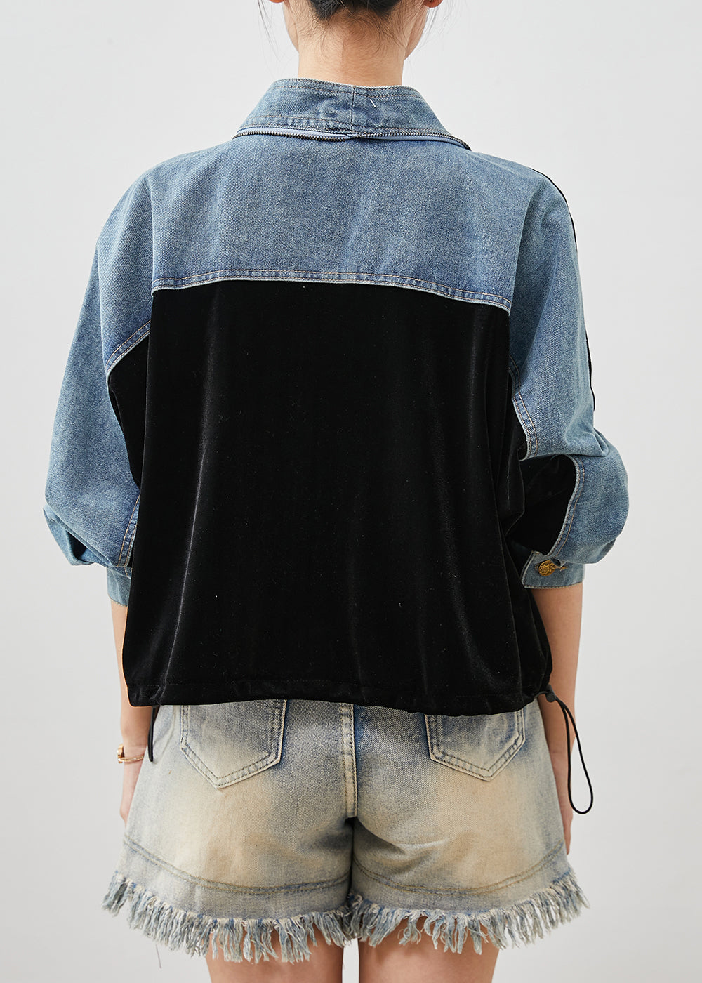 Black Zip Up Patchwork Silk Velvet Denim Coats Spring