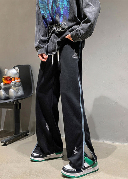 Black Zip Up Pockets Patchwork Cotton Pants Fall