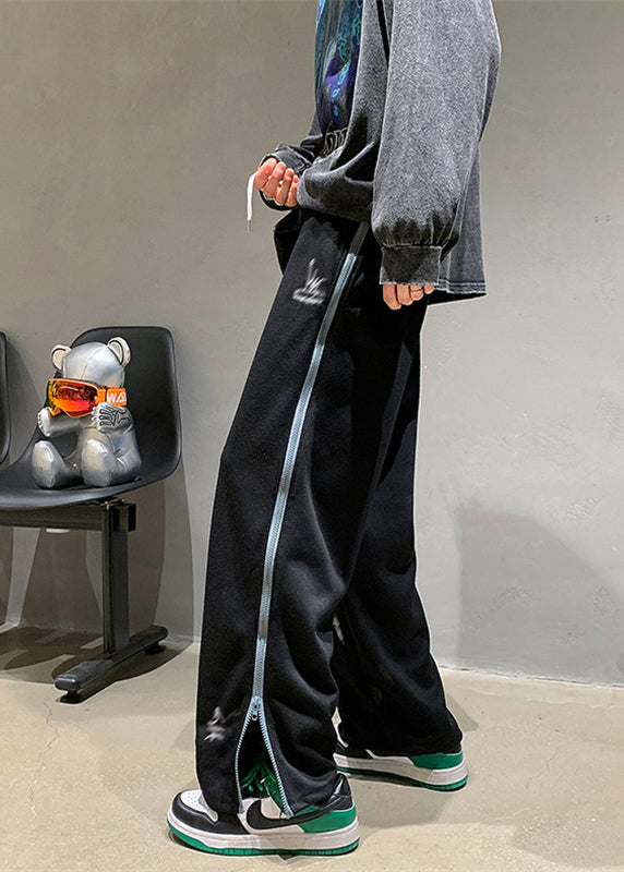 Black Zip Up Pockets Patchwork Cotton Pants Fall