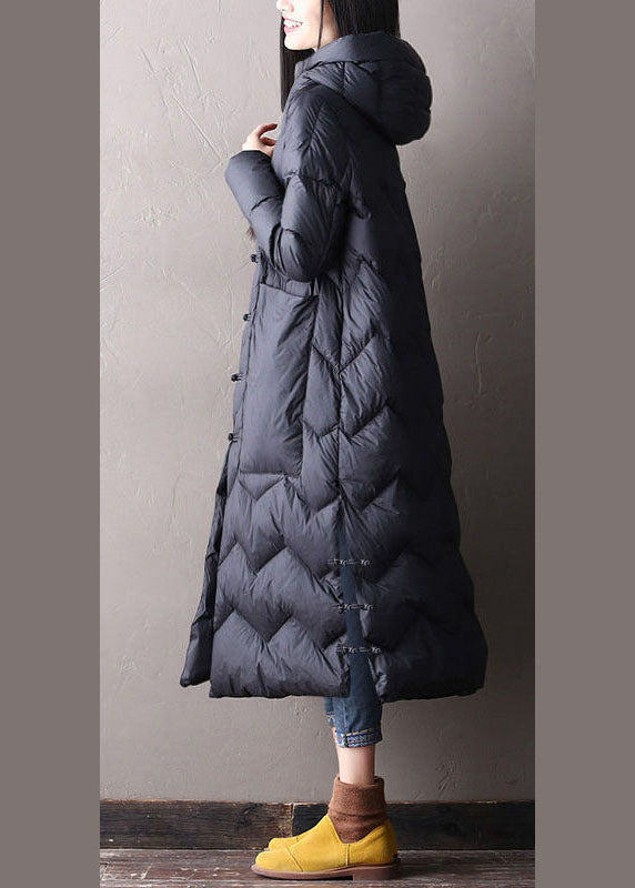 Black Hooded Pockets Oriental Duck Down Winter Warm Down Coat
