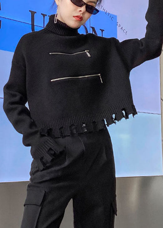 Black Zippered Tasseled Fall Sweater