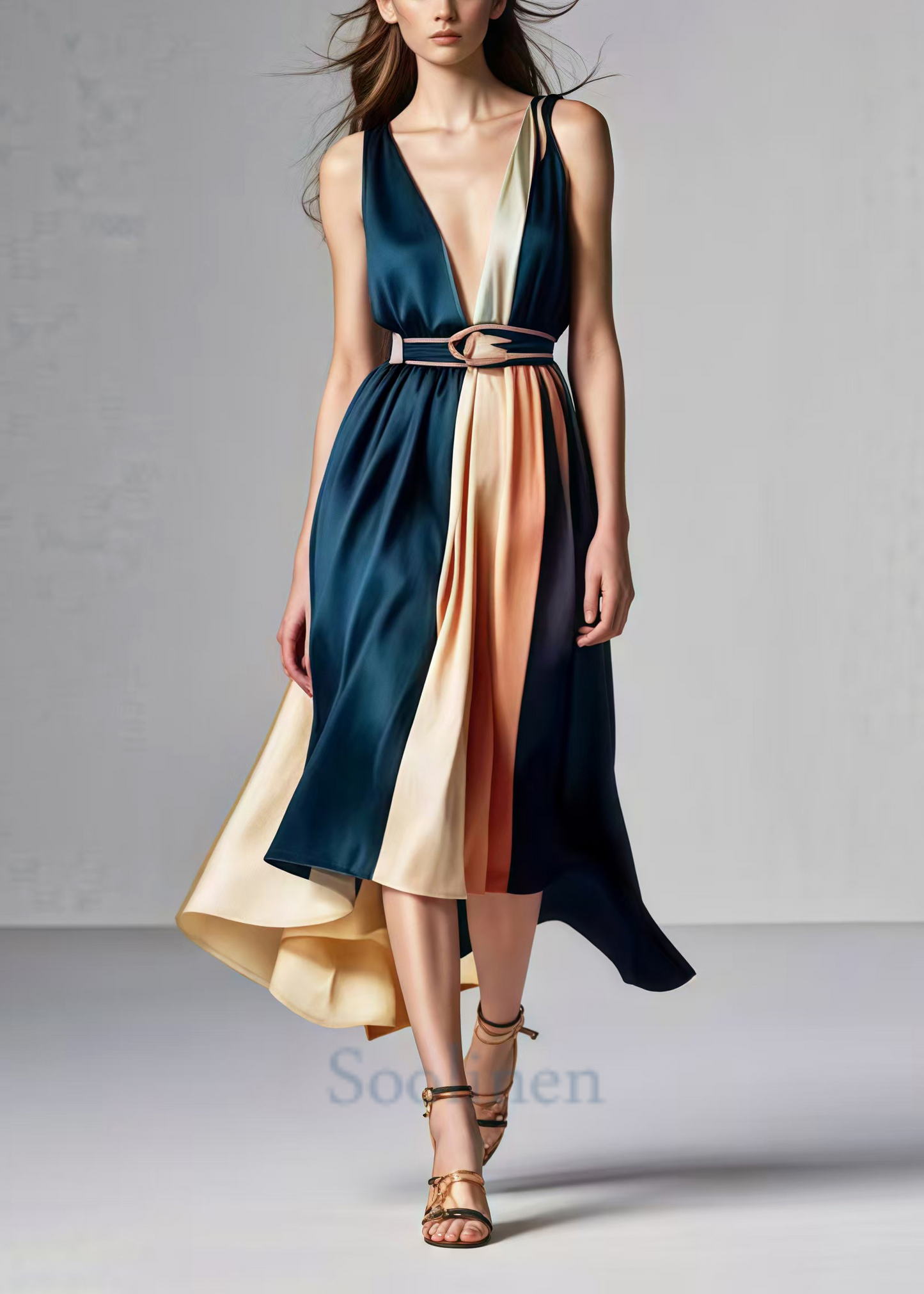 Blackish Green Cinched Patchwork Silk Party Dress Summer
